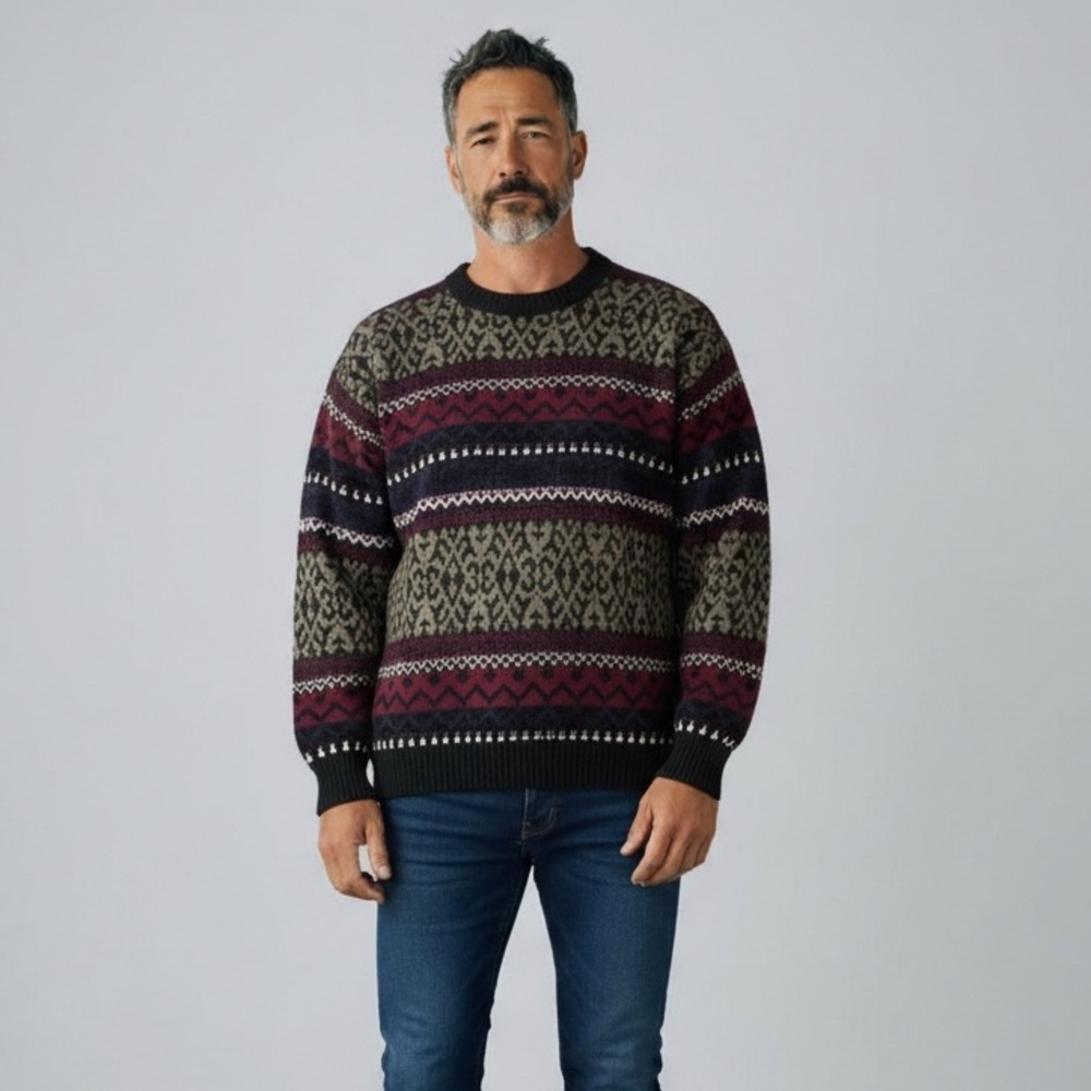 Vintage Bugle Boy Co. Sweater Men’s Large Multicolor Knit Pattern Crewneck Retro